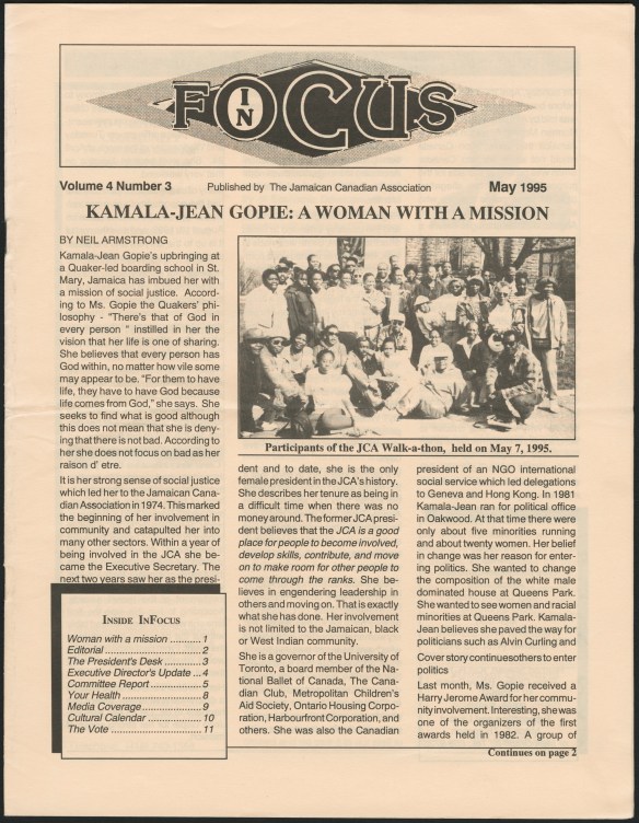 The front page of a printed newsletter. The headline reads: “Kamala-Jean Gopie: A woman with a mission.