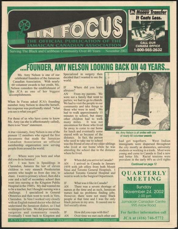 The front page of a black-and-green printed newsletter. The main headline reads: “….founder, Amy Nelson looking back on 40 years…”