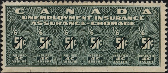 A colour photograph of a green unemployment insurance stamp. 