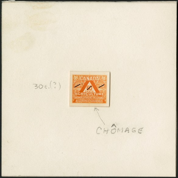 A colour photograph of a die proof of an orange agriculture stamp.