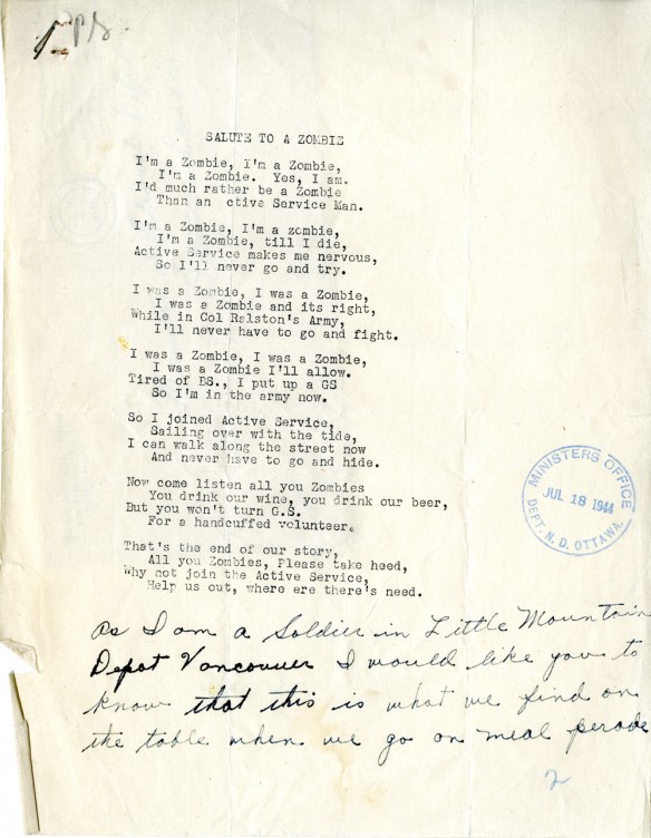 A typed poem with a rubber stamp marking on the side and some handwritten text on the bottom.