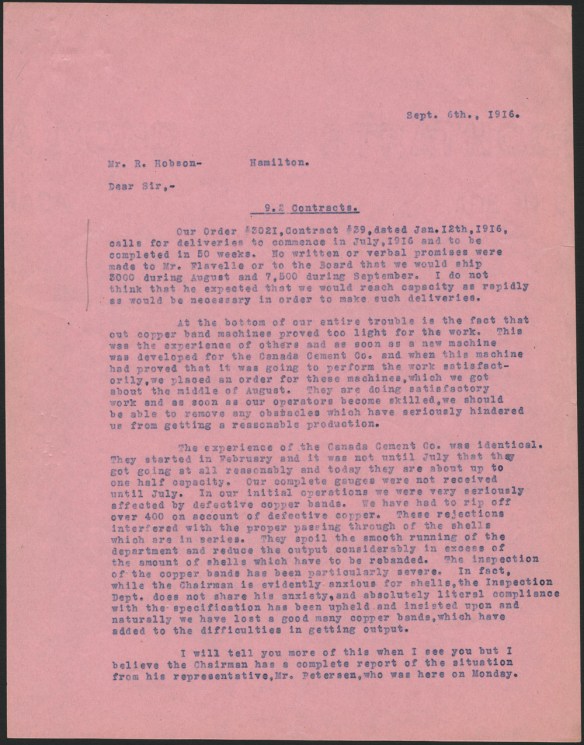 First page (pink) of a letter written in September 1916 by Montréal plant manager Ross H. McMaster to Stelco president Robert Hobson describing problems in producing and delivering shells.