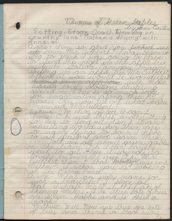 A notebook with pencil handwriting of a dramatization of Anne of Green Gables.