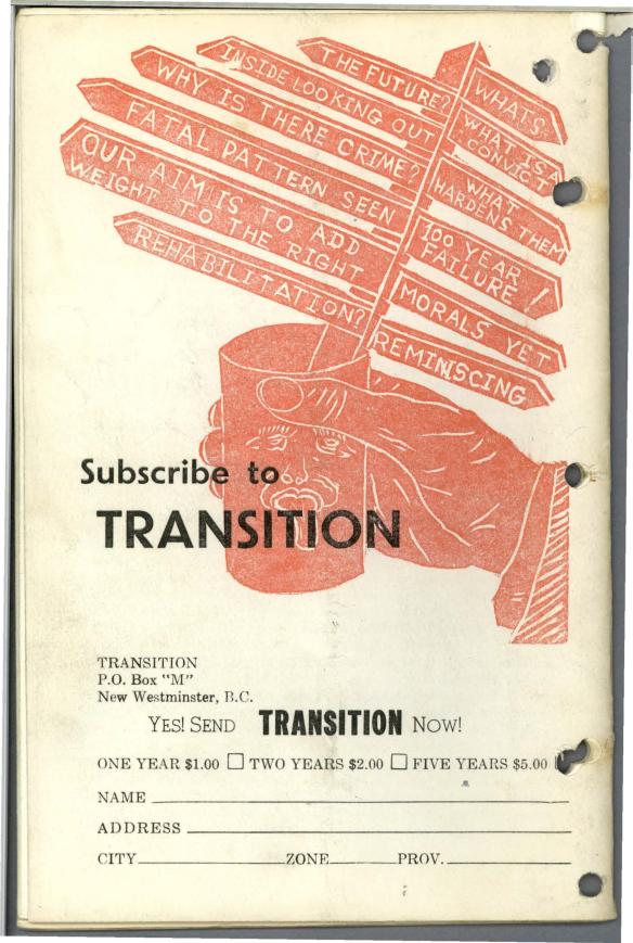 Back cover illustration showing a hand holding a cup containing signposts with various messages, such as “What Is A Convict?”, “Inside Looking Out”, “Rehabilitation?”, and “100 Year Failure!” A subscription form is included below the illustration. 