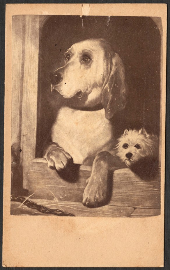A black-and-white photolithograph of two dogs, one large and one small, looking out from the entrance to a doghouse. 