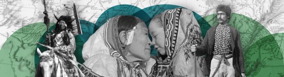 On the left of the graphic, Tatânga Mânî [Chief Walking Buffalo] [George McLean] in traditional regalia on horse. In the middle, Iggi and girl engaging in a “kunik”, a traditional greeting in Inuit culture. On the right, Maxime Marion, a Métis guide stands holding a rifle. In the background, there is a map of Upper and Lower Canada, and text from the Red River Settlement collection.