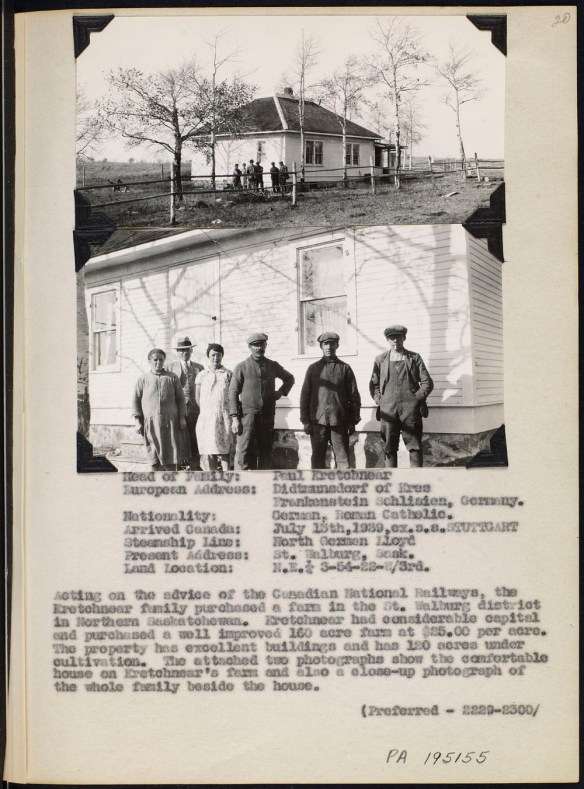 Page from an album with two black and white photographs; one of a family standing in front of a house surrounded by farmland, and the other a close-up of the same scene. Page also includes typed information about the family’s identity and their immigration details.