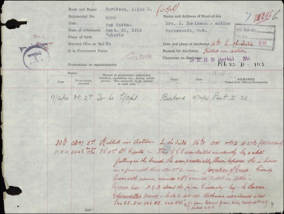 A page from the service file of Scotty Davidson describing how he was killed in action.