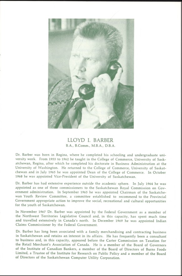 A page of typewritten text with a picture centred at the top of Dr. Lloyd I. Barber, a middle-aged man with a brush cut, dressed in a suit and a tie, and talking on the telephone 