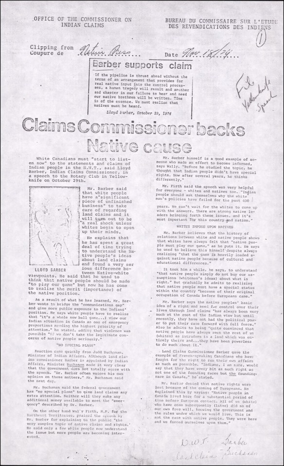 A newspaper clipping from Native Press, November 18, 1974, on Commissioner Lloyd Barber’s speech in Yellowknife, which characterizes the government’s assimilative approach to Indigenous status as insufficient and dangerous to pursue.