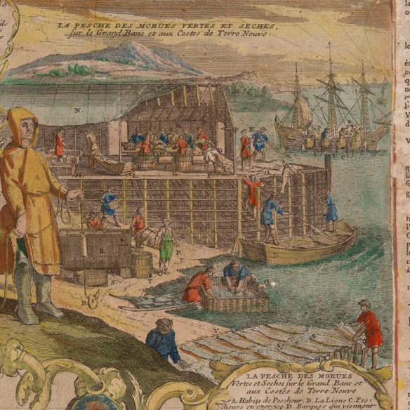A hand-drawn and coloured illustration that shows the shore with people on a wooden stage working on curing and drying cod in Newfoundland.