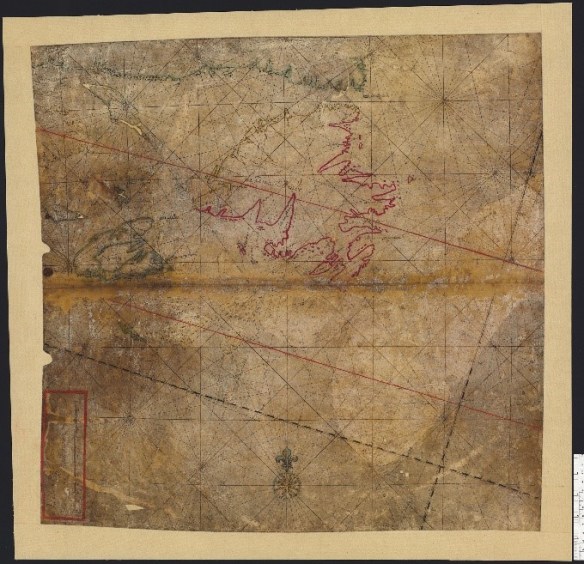 Nautical chart, on vellum in coloured ink, of the coastline of Newfoundland, Acadia and the Gulf of St. Lawrence.