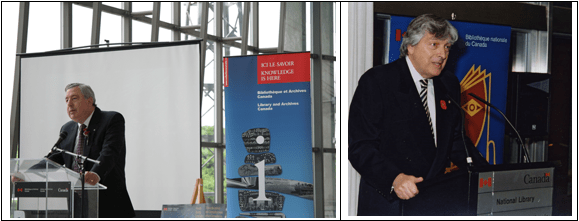 Two colour photographs side by side. The photograph to the left is of a man, Ian Wilson, speaking at a podium with a poster that reads “Knowledge is here” behind him. The photograph to the right is also of a man, Roch Carrier, speaking at a podium. 