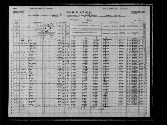 Census chart titled “Dominion Bureau of Statistics: Census of Manitoba, Saskatchewan and Alberta, June 1, 1926” with handwritten entries for each of 25 columns. The columns include such information as name and residence, personal description, place of birth, race and citizenship, language and education.