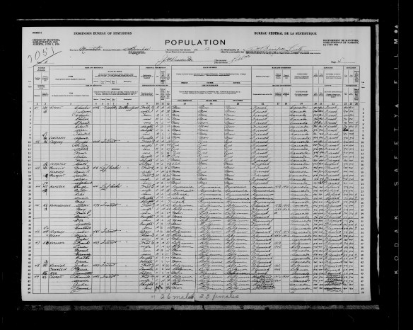 Census chart titled “Dominion Bureau of Statistics: Census of Manitoba, Saskatchewan and Alberta, June 1, 1926” with handwritten entries for each of 25 columns. The columns include such information as name and residence, personal description, place of birth, race and citizenship, language and education.