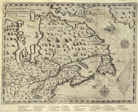 : A black-and-white hand-drawn map depicting Quebec, the Maritime provinces and the eastern part of Ontario in 1613.