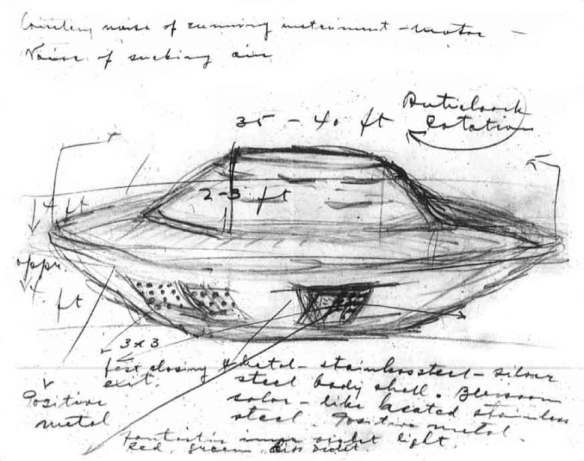 Black-and-white drawing of a vehicle resembling a flying saucer. There are various annotations, measurements and dimensions written on the paper. 