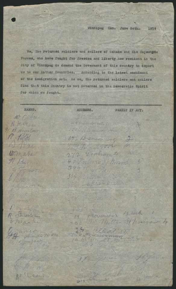 A petition dated June 24, 1919, with a typewritten statement followed by columns for signatures, addresses and the number of family members. The signatures, addresses and family members listed below the statement are in manuscript. 