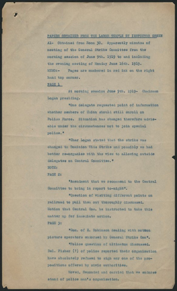The first page of a typewritten document listing and summarizing the documents obtained from Room 30 of the Ukrainian Labour Temple. The descriptions include short summaries of minutes from Central Strike Committee meetings. 