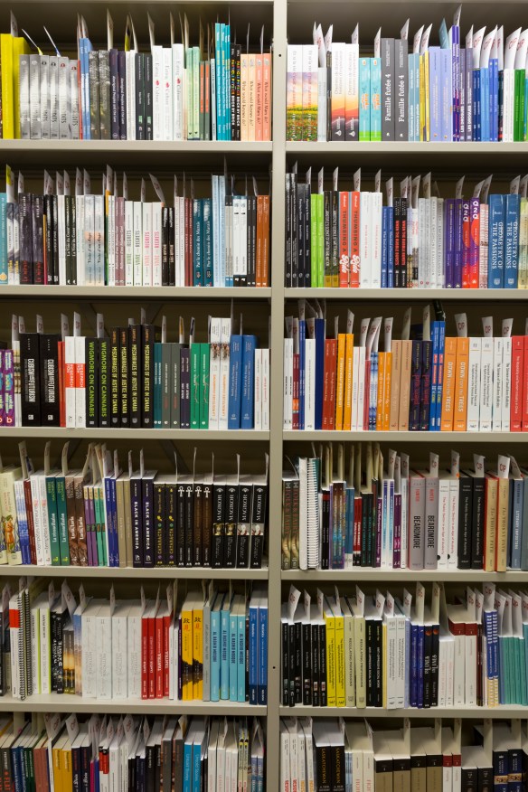 Rows of books with multicoloured covers sit on grey metal shelves ready to be processed. 