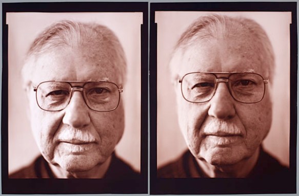 Two headshot photographs of the artist Dave Heath wearing glasses. 