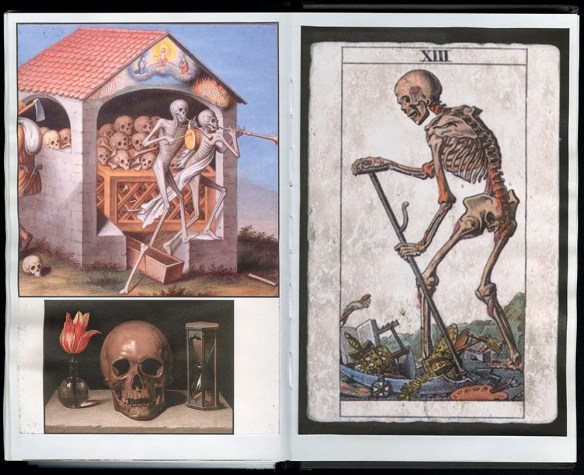 Two pages from Heath’s journal No. 208, depicting three different memento mori. One image is of skeletons in a building, another of a skull beside a flower in a vase, and a third of a skeleton walking with a staff. 