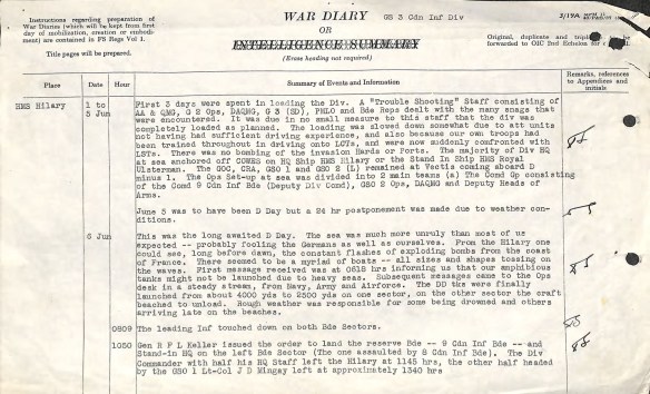 : A colour digitized image of a typescript account of D-Day operations.
