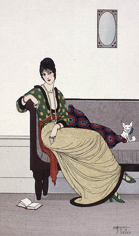 A colour plate of a seated women wearing a long cream skirt and a green shirt patterned with cream ovals. The shirt is belted with a red scarf. She is also wearing green high heel shoes, a long pearl necklace, and rings on her fingers.