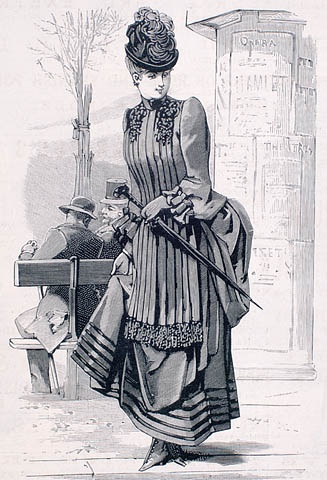 A black-and-white drawing of a woman wearing a gown with a plain skirt edged with five rows of velvet along the hem and a pleated bodice draped like an apron over the front. She is wearing a hat with feathers and carrying an umbrella.