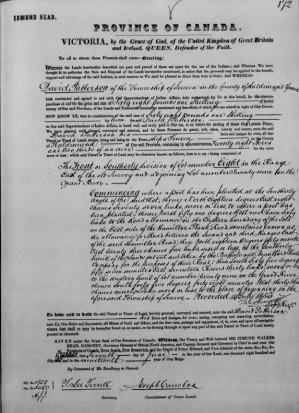 A black-and-white image of an official Province of Canada document describing the exact location and size of a land grant.