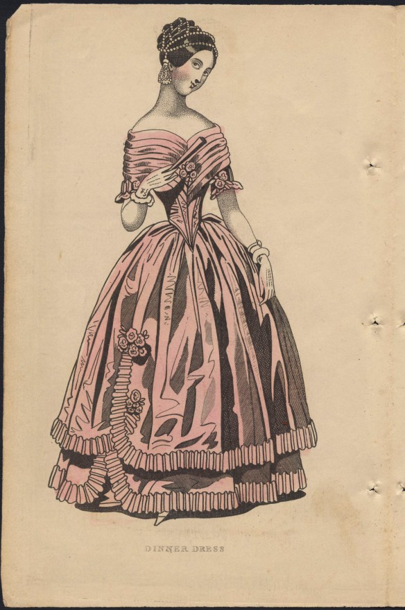 A colour plate of a woman in a pink dinner dress with a pleated off-the-shoulder bodice and ruffles along the hem. She is wearing a pearl hair net, and holding a fan in her gloved hand.