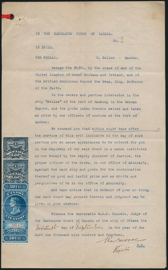 Typed document with the title “In the Exchequer Court of Canada.” Two $1 and one 50¢ Canadian postage stamps were affixed in the lower-left margin of the document to attest that the fees for this document had been paid to the court.
