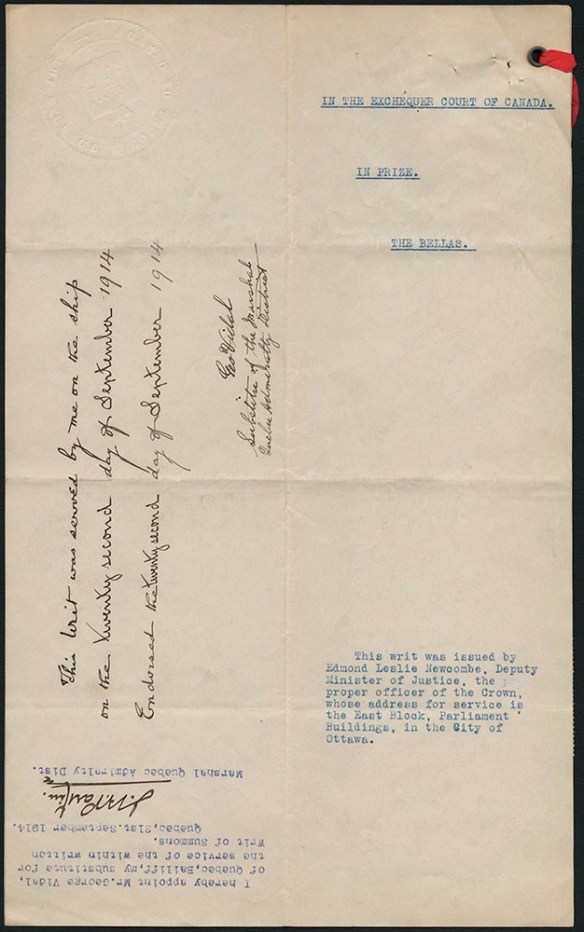 Typed document with the title “In the Exchequer Court of Canada” and a red string in the upper-right corner. It features two signatures.