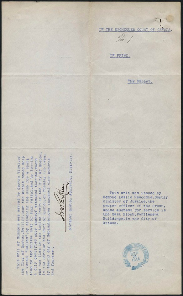 Typed document with the title “In the Exchequer Court of Canada No. 1.” It features a blue ink stamp mark dated September 24, 1914, and a signature.