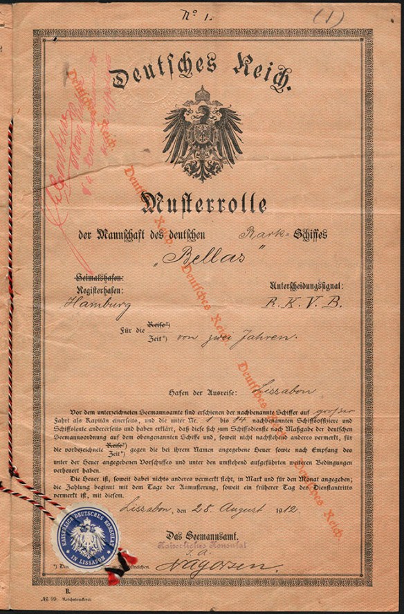Document written in German. The document features a diagonal watermark from left to right that reads Deutsches Reich (German Empire). The document is titled Deutsches Reich, under which is featured the coat of arms of the German Empire and the mention Musterrolle der Mannschaft des deutschen Bellas.