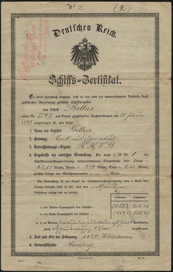 Document written in German. The document features a diagonal watermark from left to right that reads Deutsches Reich (German Empire). The document is titled Deutsches Reich, under which is featured the coat of arms of the German Empire and the mention Schiffs-Zertifikat. 