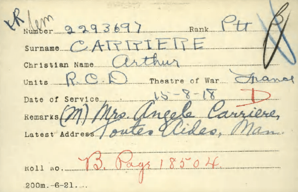 An index card listing the regimental number, rank, surname, Christian name, unit, theatre of war, date of service, remarks and latest address of a soldier. In the top right corner the letters “B” and “V” are written, with a blue checkmark through them. 