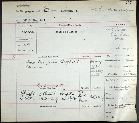 A form with many typed and handwritten notations. “Exhumation” is written in red ink above the typed words “Confirmed Burial Report.” 