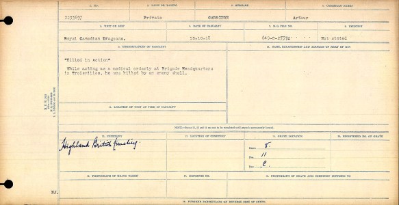 A typed and handwritten form stating that Private Arthur Carriere was killed in action by an enemy shell. There is a handwritten notation in dark ink that says he was buried in Highland British Cemetery.