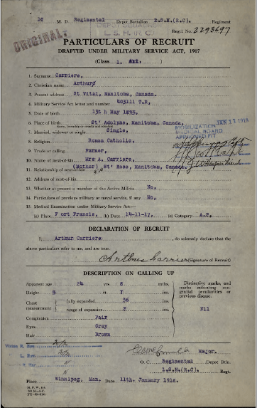 A typed page with the title, Particulars of Recruit, Drafted under Military Service Act, 1917. There are also stamps and handwriting on the page. 