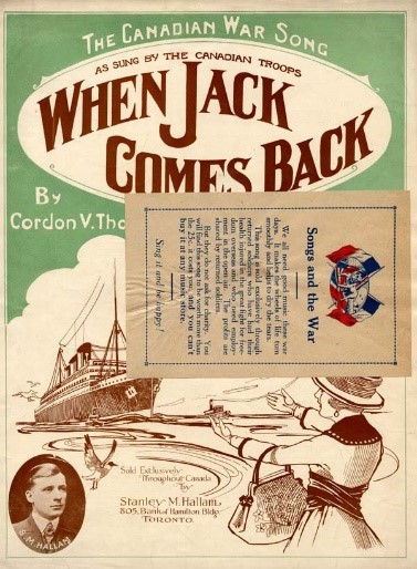 An colour image comprised of a large ship, a dove, a woman welcoming the ship and a portrait of S. M. Hallam.