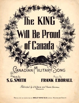 A black and white image where the words The King Will Be Proud of Canada are surrounded in a wreath of leaves and a beaver. 