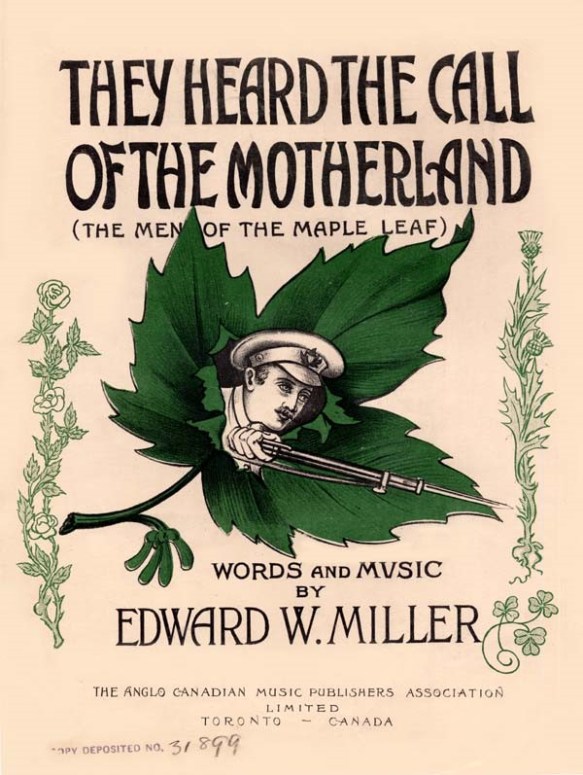 A colour drawing of a soldier holding a rifle, with a green maple leaf in the background.