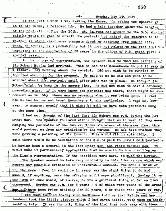 A black-and-white image of a typewritten page of William Lyon Mackenzie King’s diary dated May 19, 1947.