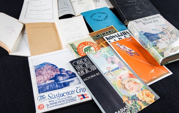 Colour photo of a variety of hardcover and softcover books. 