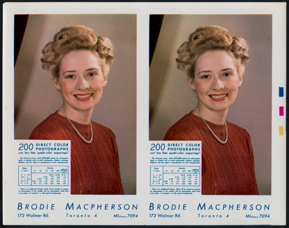Two identical studio portraits of an unknown woman with blond hair, red lipstick, and a red knit sweater. Macpherson’s price list and contact information is superimposed on the bottom left-corner and also appears below the image.