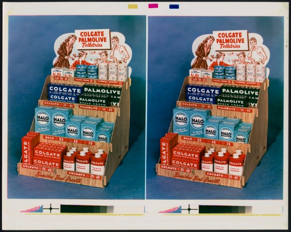 Dual colour photographs of a tiered display holding Colgate and Palmolive products, such as shaving cream, shampoo, dental cream, and tooth powder. The display was photographed in-studio against a blue background. 