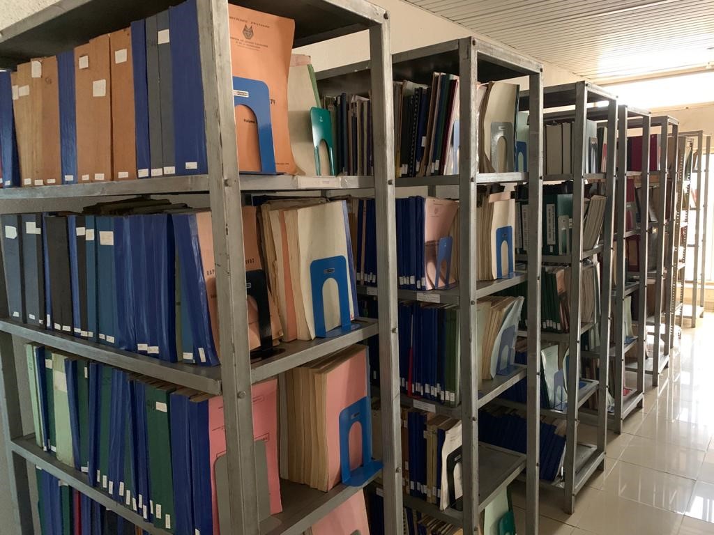 A colour photograph of archival materials on bookshelves.