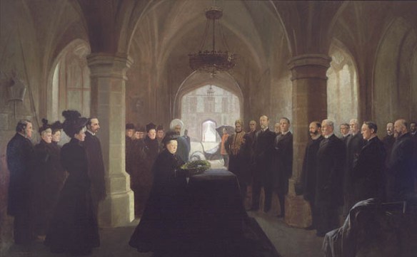 A portrait of those attending the mass held at Windsor Castle for former prime minister Sir John Thompson. Queen Victoria lays a wreath on Thompson’s casket while prominent guests and members of her court look on
