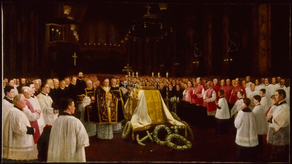 A painting of the state funeral of Sir John Thompson, in Halifax, Nova Scotia, featuring portraits of many of those attending 